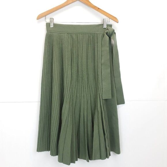 3.1 Phillip Lim Wool Blend Pleated Tie Waist A-Line Skirt in Army Green - Picture 7 of 11